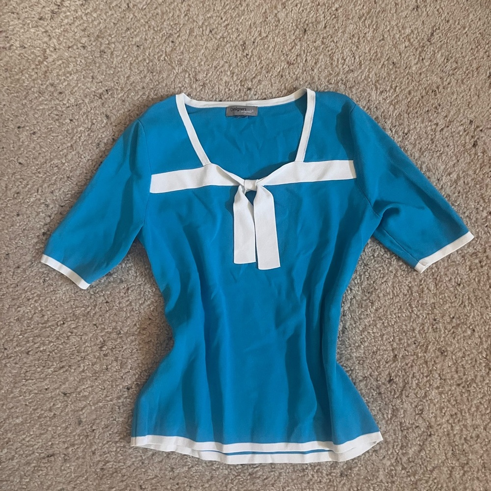 Chic Blue and White Blouse with Bow Detail